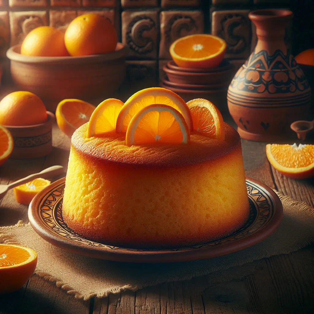 Golden orange sponge cake dusted with icing sugar and fresh orange slices