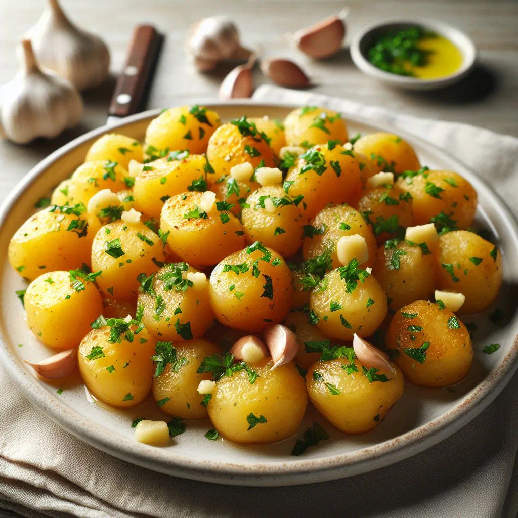 Golden roasted potatoes with garlic and herbs, garnished with fresh parsley