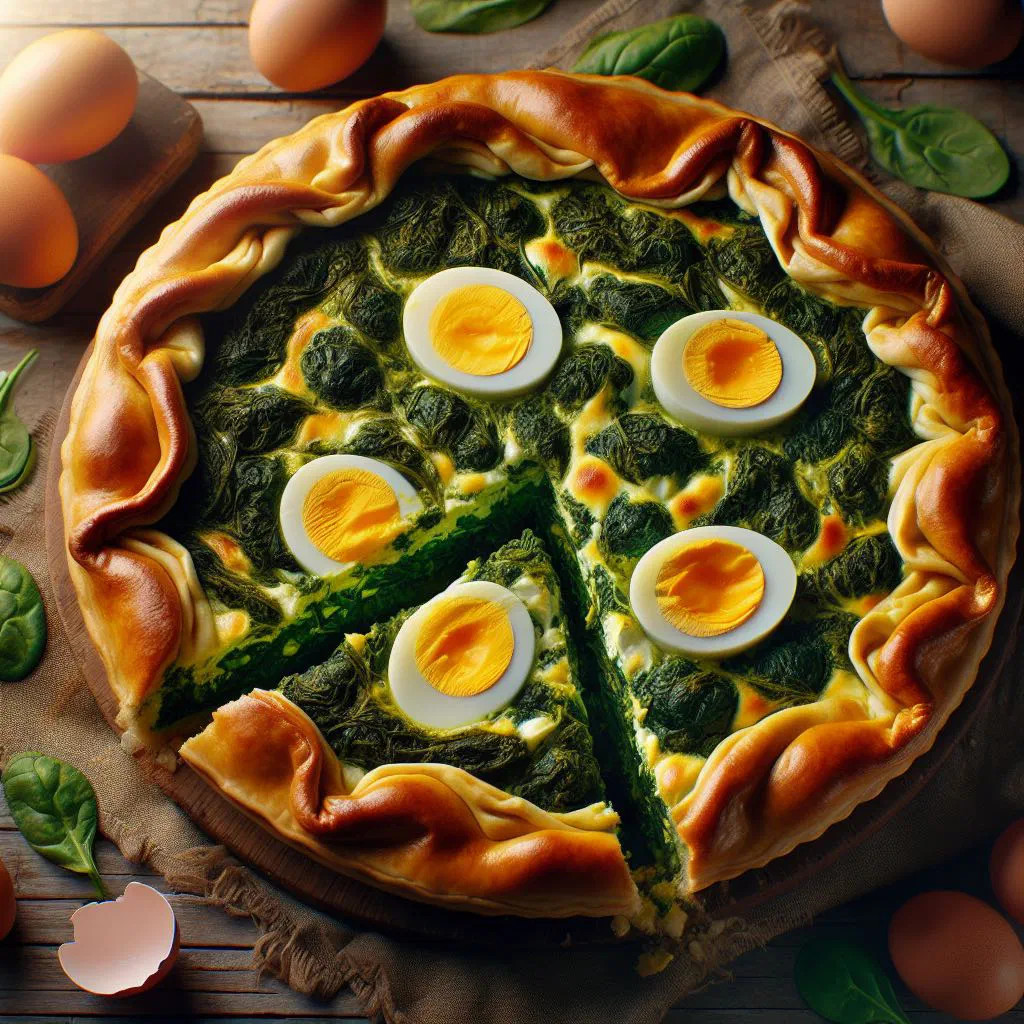 Golden Uruguayan pascualina pie sliced to reveal spinach and whole eggs