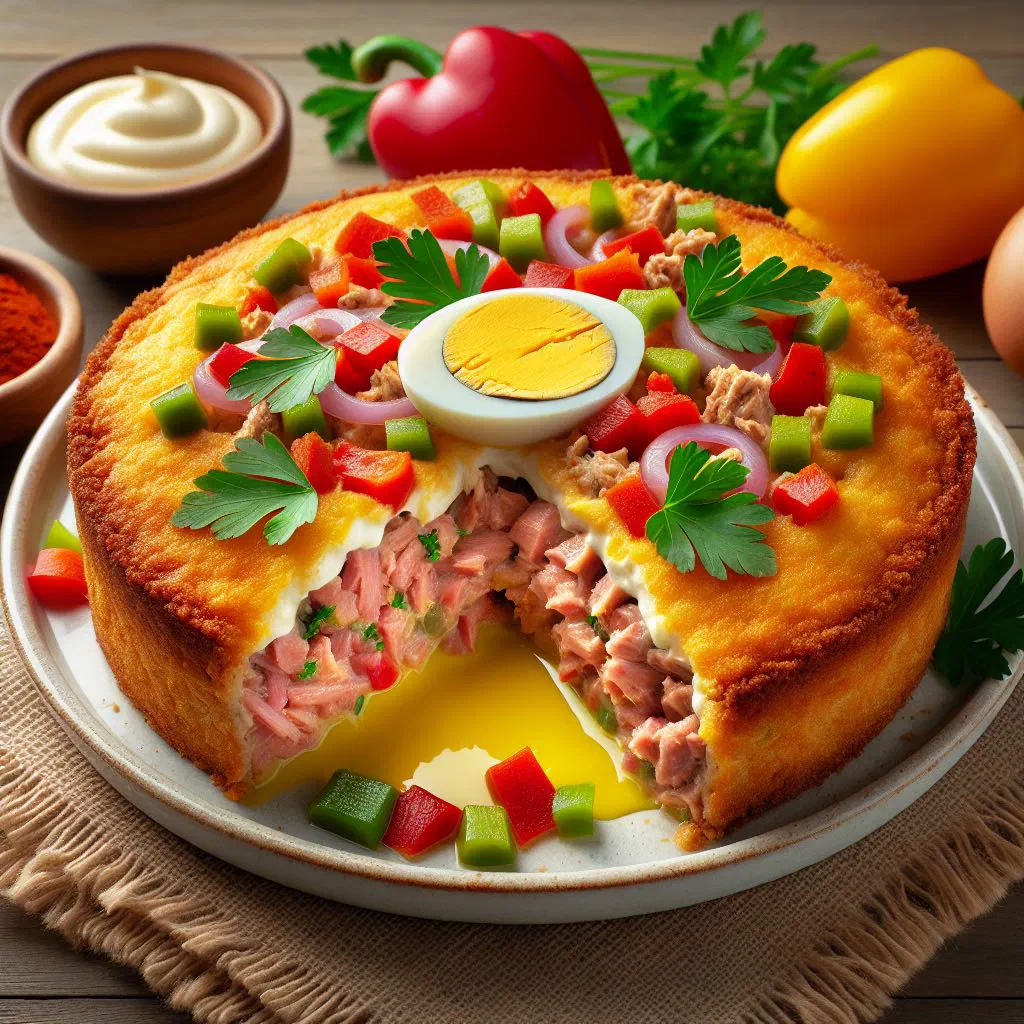 Golden baked Pastel de Atún tuna pie sliced to show the savoury filling