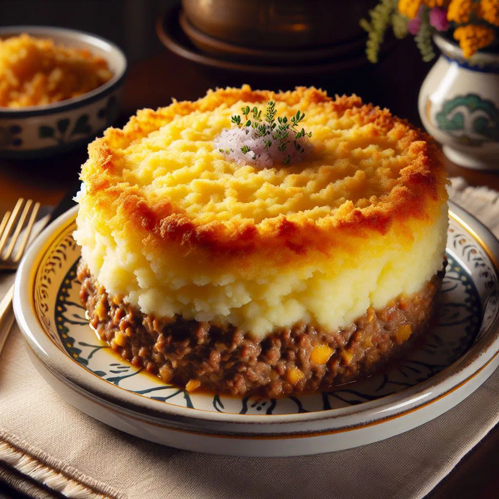 Golden baked Pastel de Carne Molida sliced to reveal the spiced minced beef filling