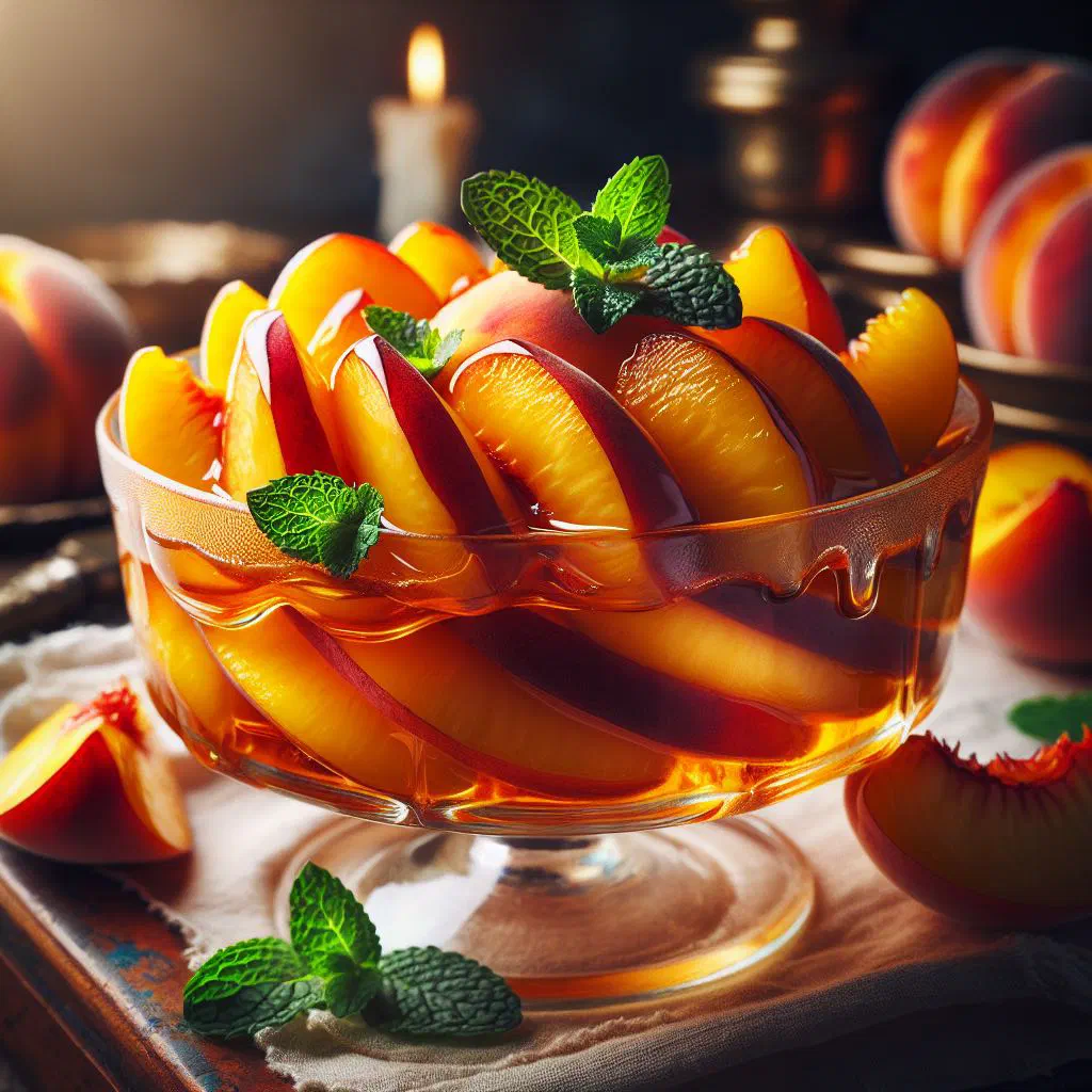 Creamy peach dessert in a glass garnished with fresh mint
