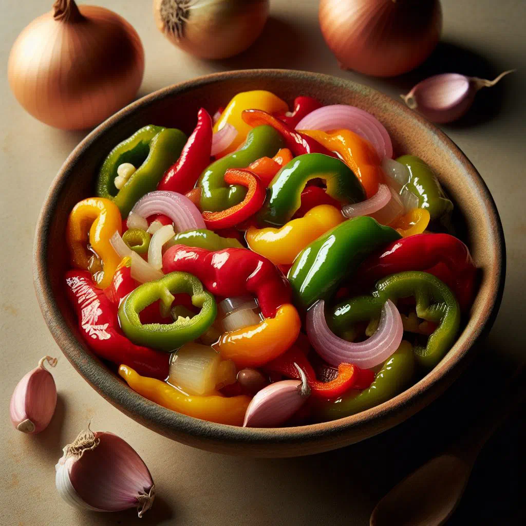 Colourful grilled pepper salad with onion, olive oil and parsley