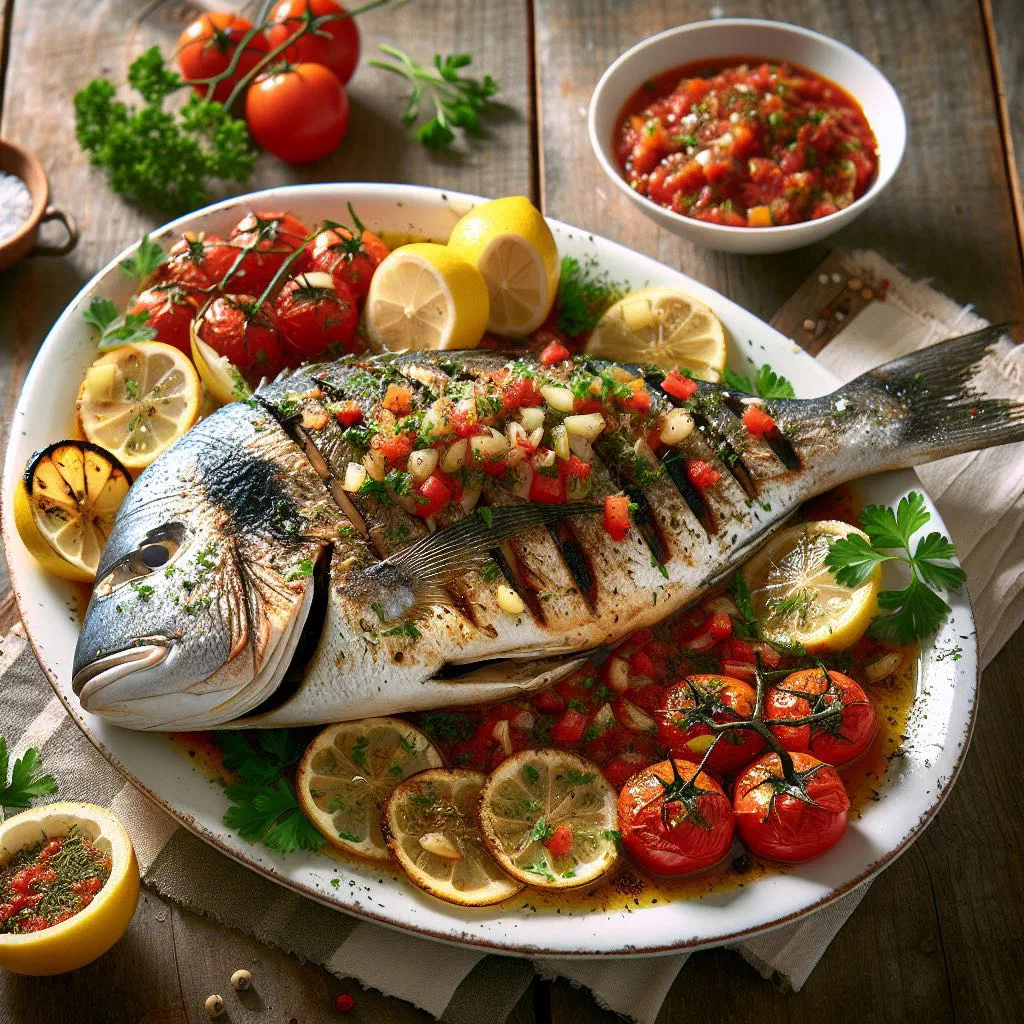 Pescado a la marinera, white fish in a wine and pepper sauce garnished with parsley