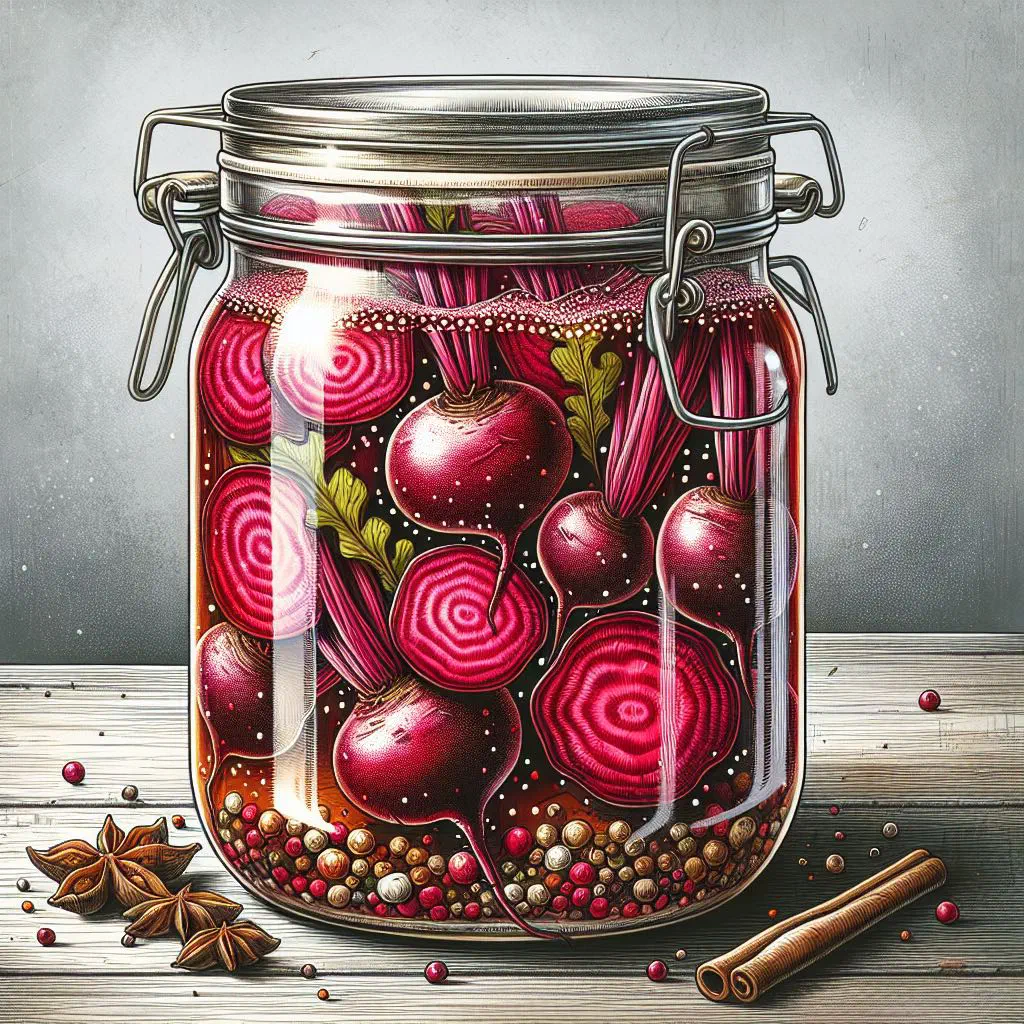 Jar of pickled beetroot slices with onion rings in spiced vinegar