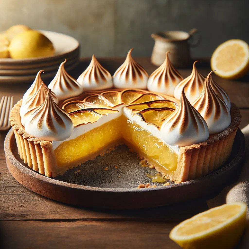 Slice of Uruguayan pie de limón with a biscuit base and golden meringue topping