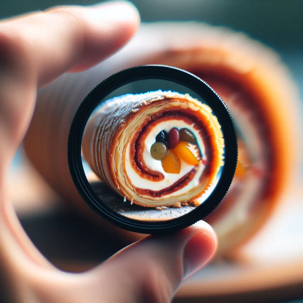 Sliced pionono rolled sponge with a savoury filling on a plate
