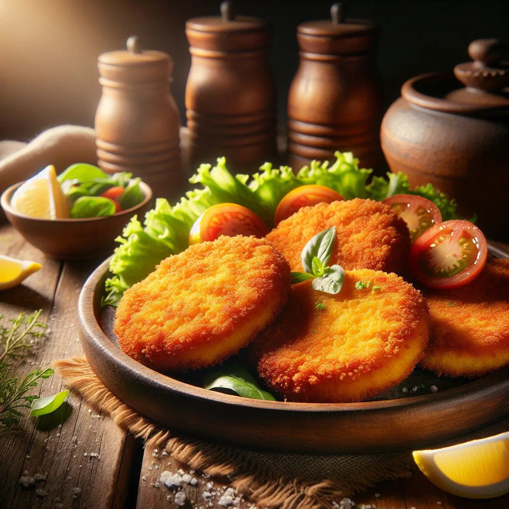 Golden, crisp breaded polenta slices served warm on a plate