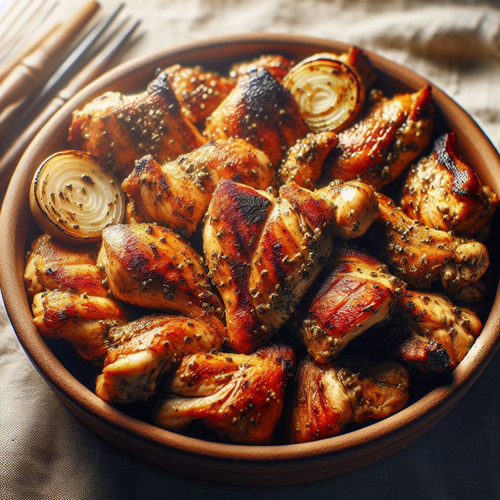 Whole grilled chicken with golden, spiced skin and fresh herbs