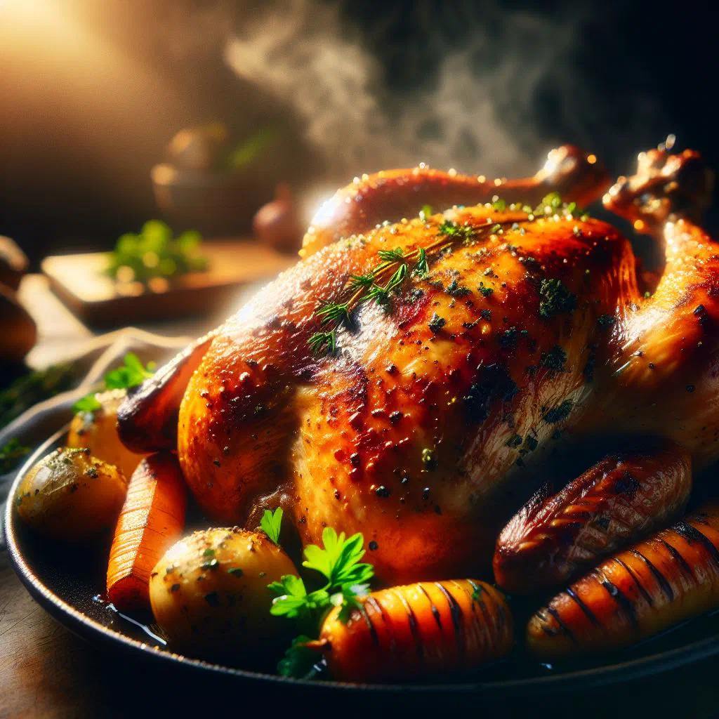 Golden roast chicken with potatoes and fresh herbs