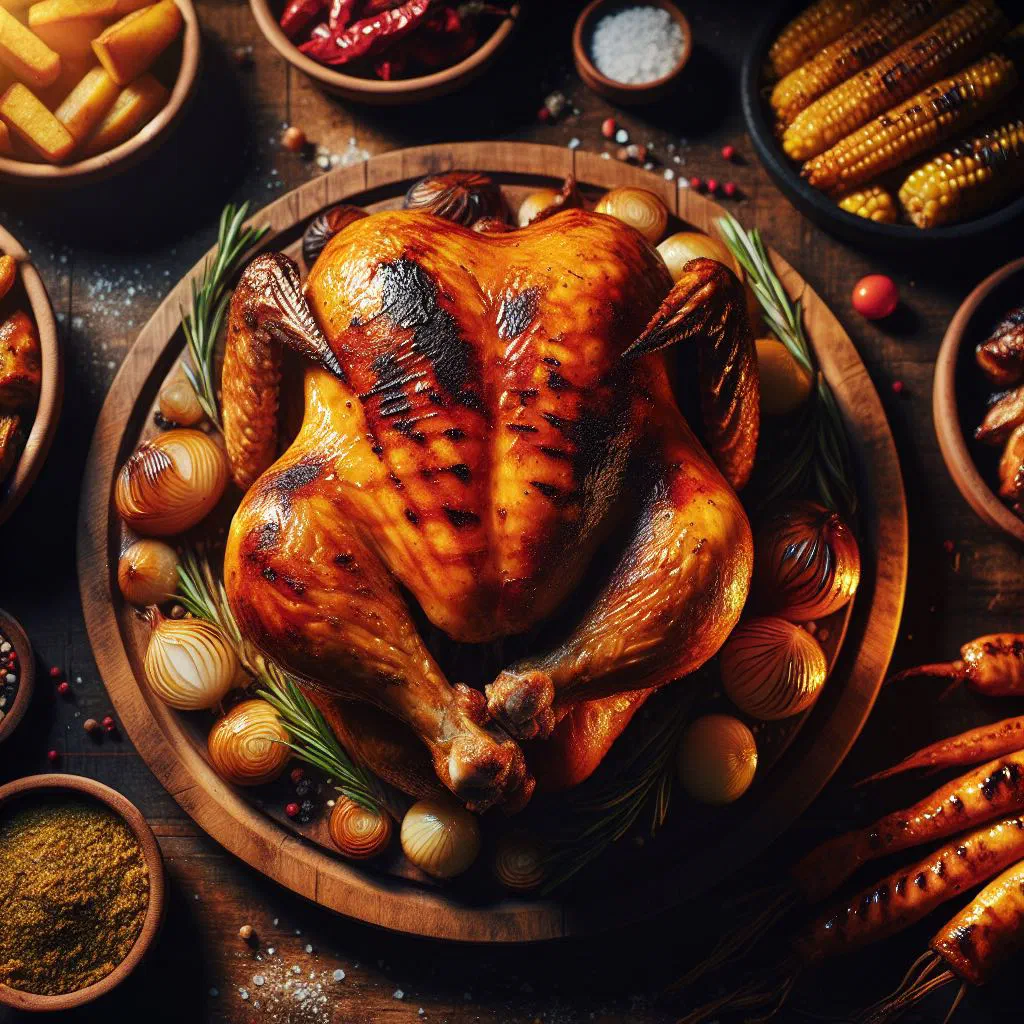 Whole roast chicken with golden, crispy skin and fresh herbs