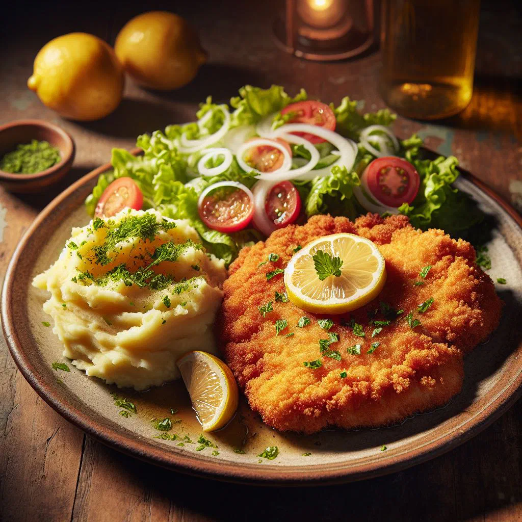Golden, crisp-crumbed pork milanesa served with a wedge of lemon