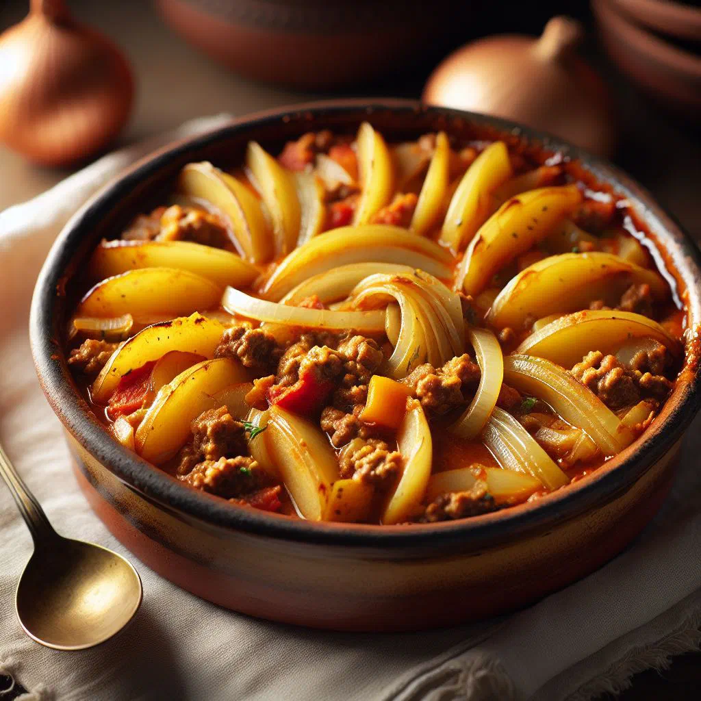 Golden baked pastel de papas with a layer of minced meat between mashed potato