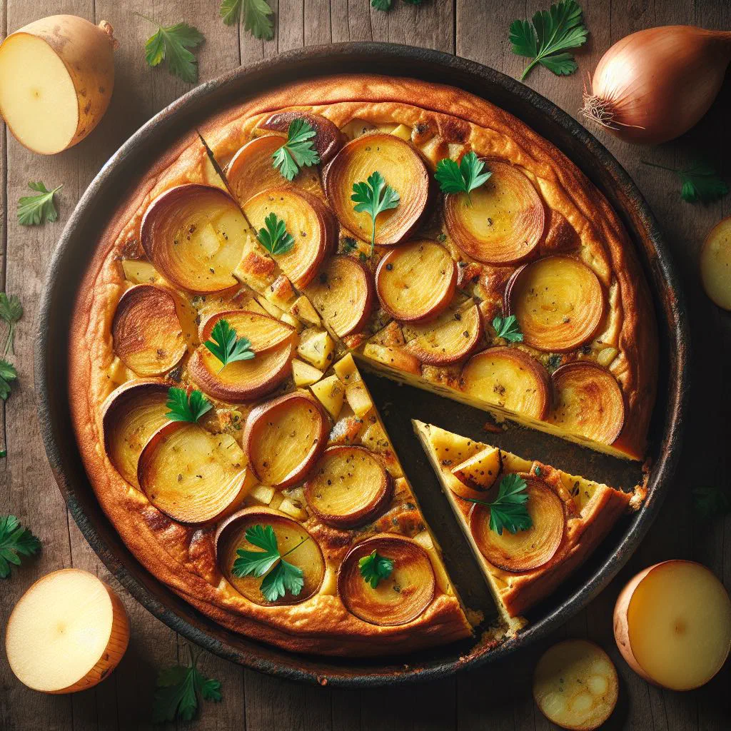 Golden potato tortilla with onion, sliced on a wooden board
