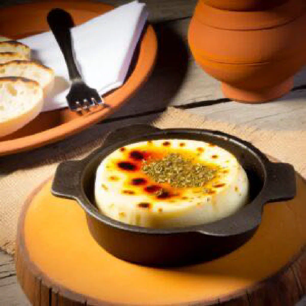 Golden grilled provoleta cheese topped with oregano and olive oil