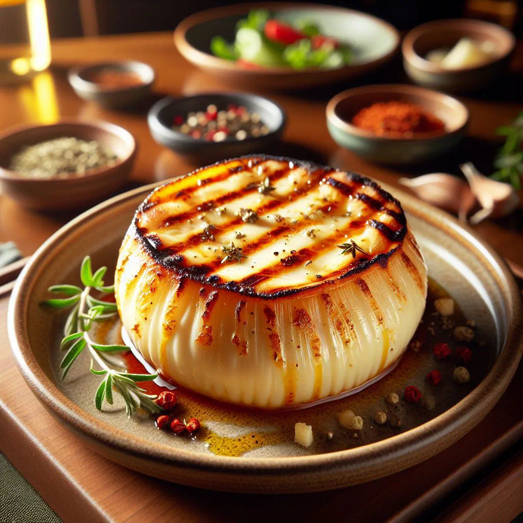 Grilled provolone cheese with chilli flakes, served with bread