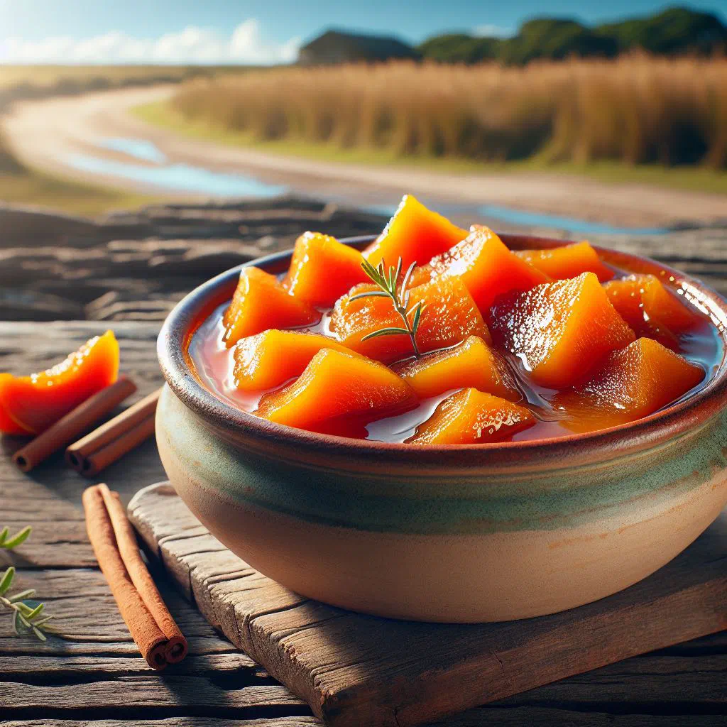 Glazed pumpkin pieces in sugar syrup served as a dessert