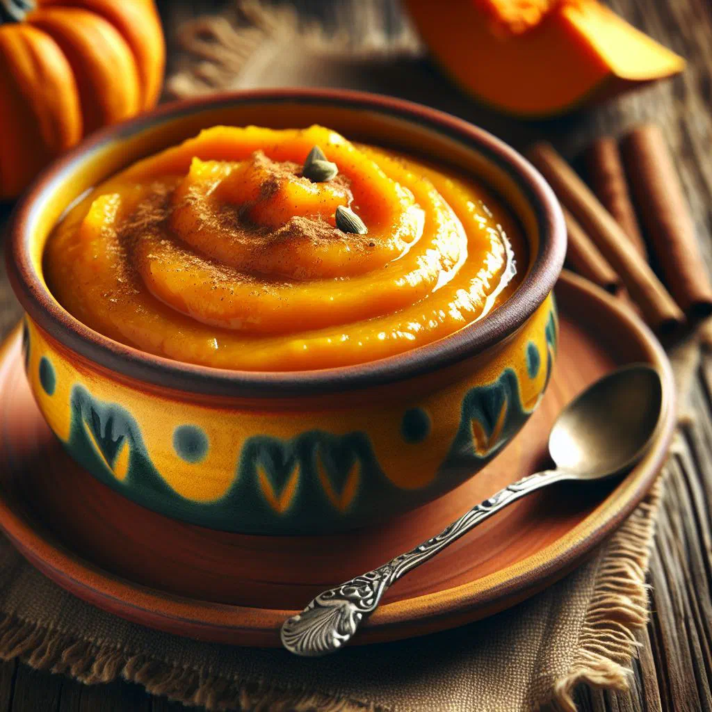 A bowl of creamy pumpkin purée garnished with fresh herbs