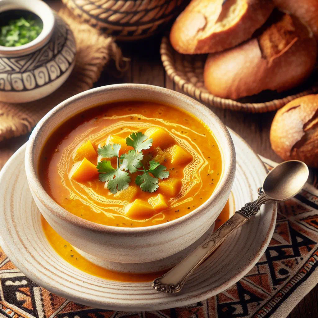 A bowl of creamy Uruguayan pumpkin soup garnished with fresh herbs