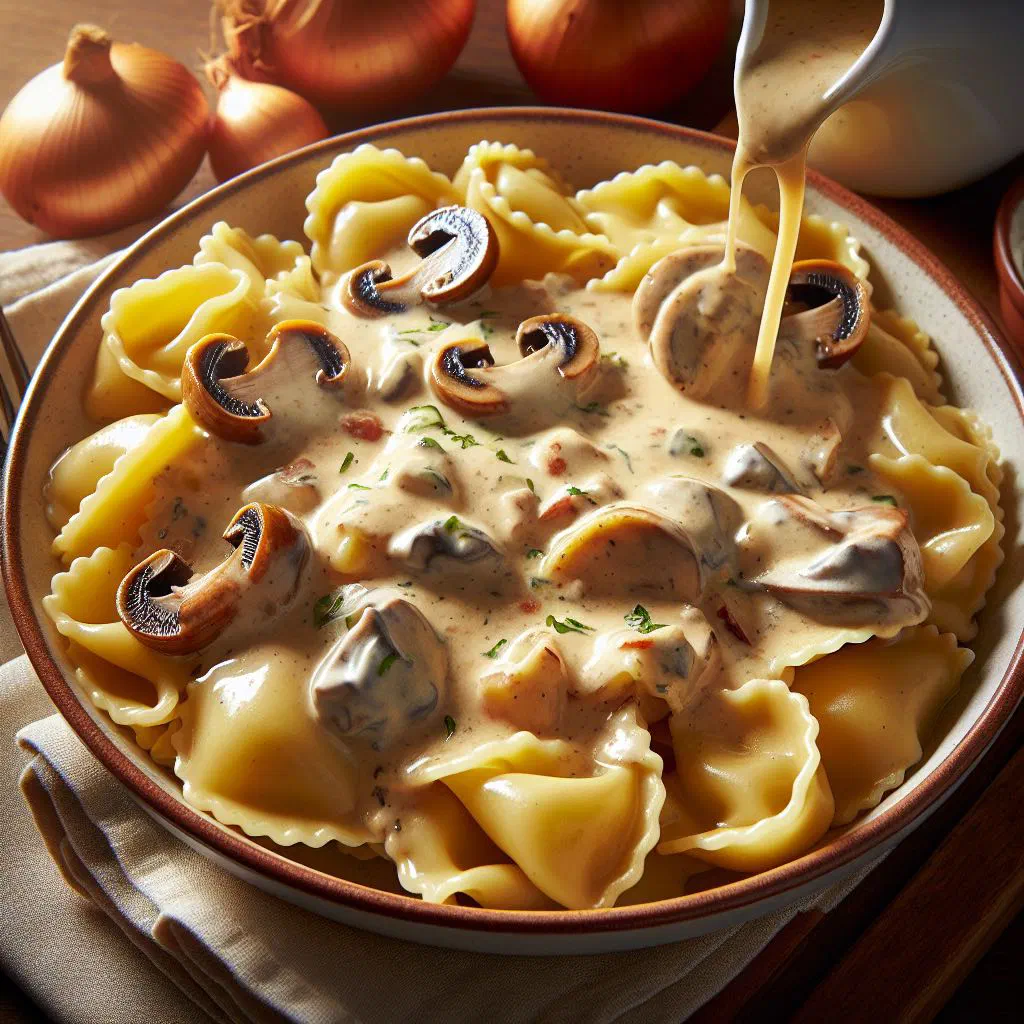 Fresh ravioli coated in creamy Caruso sauce with ham and parsley