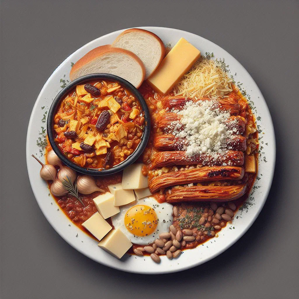Revuelto gramajo with crispy fried potatoes, scrambled eggs and ham on a plate