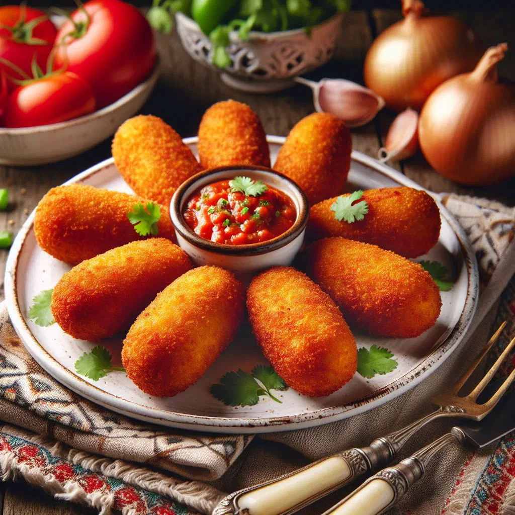 Golden, crispy rice croquettes piled on a plate