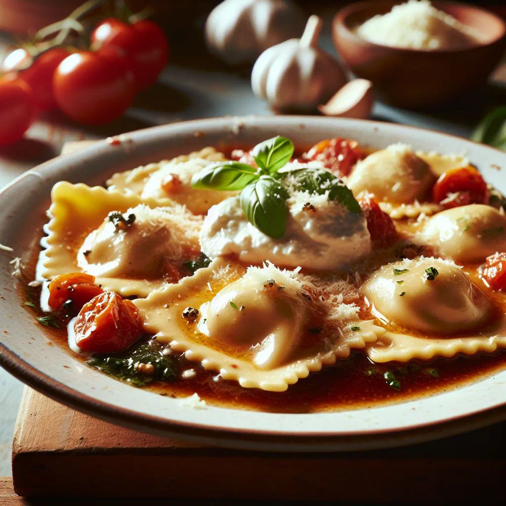 Ricotta-filled ravioli dressed with olive oil, fresh herbs and grated parmesan