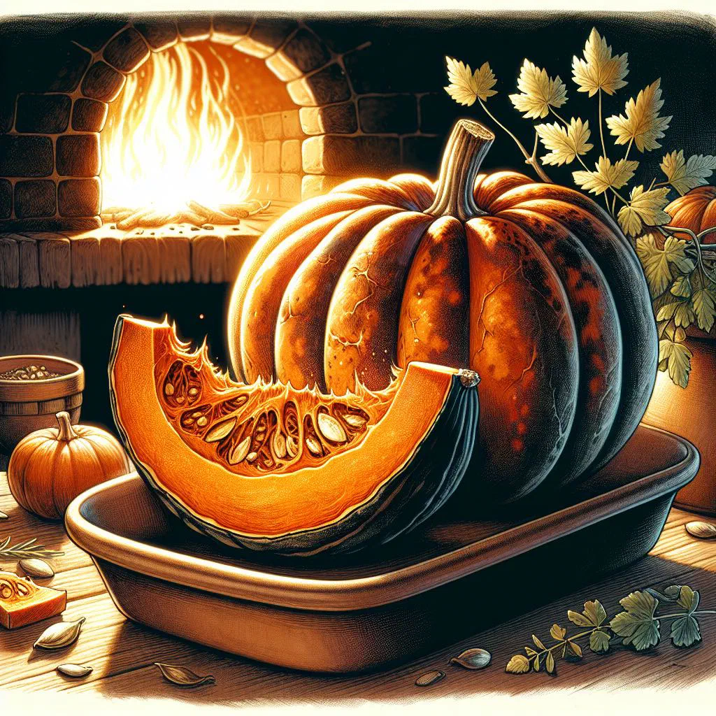 Roasted pumpkin halves seasoned with herbs and garlic on a baking tray