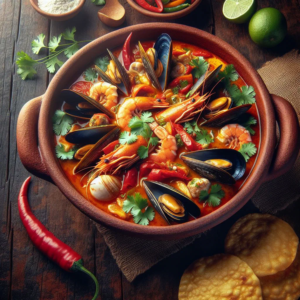 Uruguayan seafood stew with mussels, prawns and white fish in a savoury broth