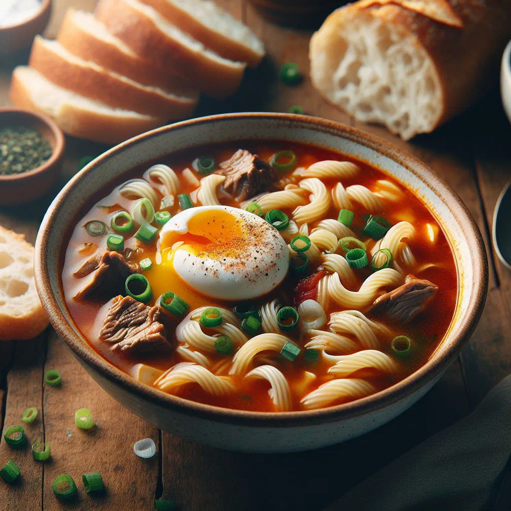Bowl of Uruguayan sopa criolla with beef, potatoes and carrots, garnished with parsley