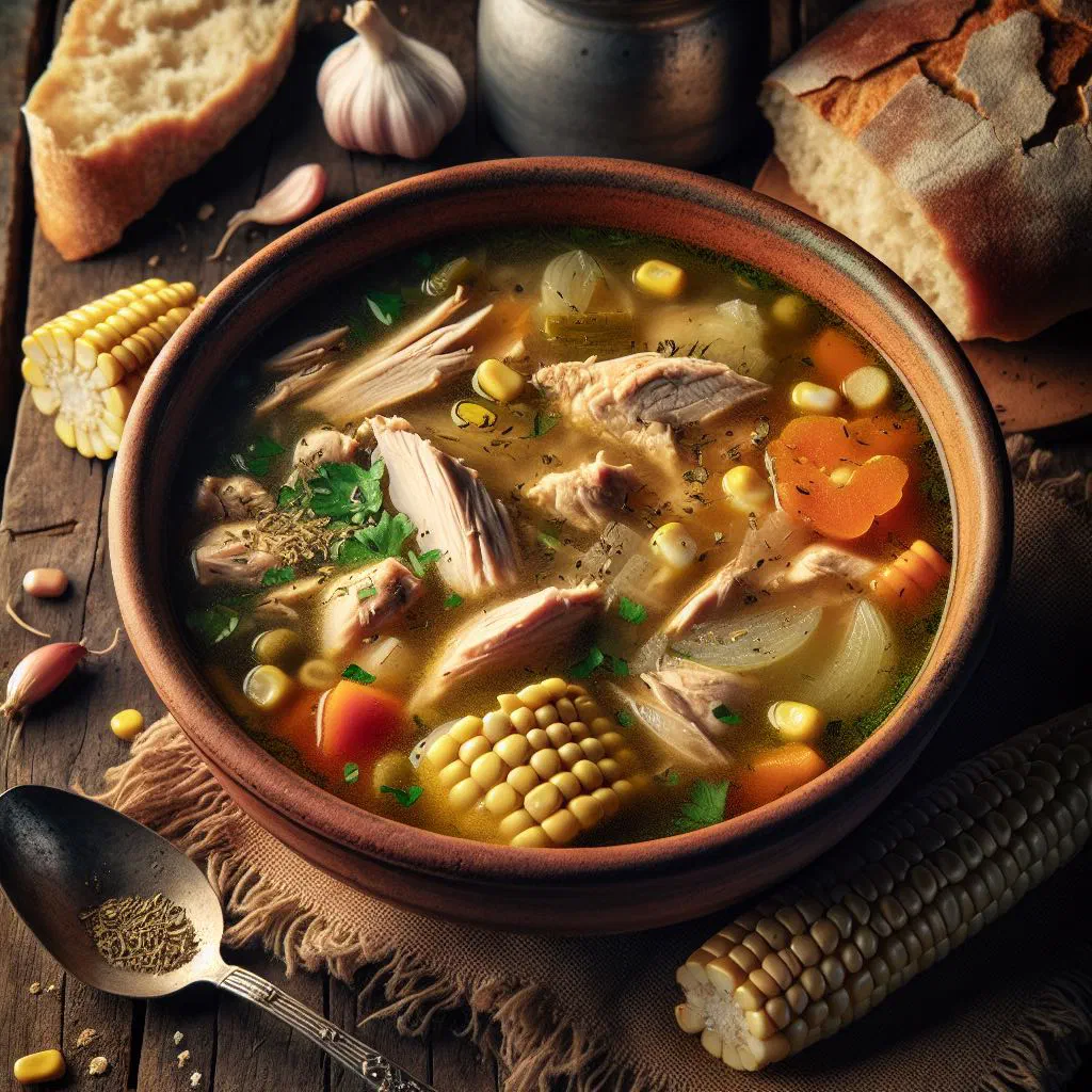 A bowl of Uruguayan sopa de pollo with chicken, carrots and parsley