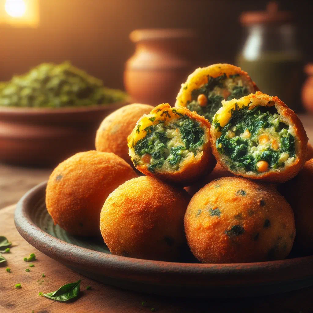 Golden spinach fritters piled on a plate with fresh herbs