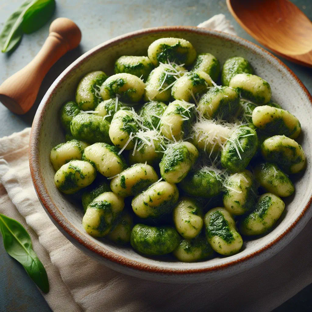 Plate of green spinach gnocchi dressed with butter and grated parmesan