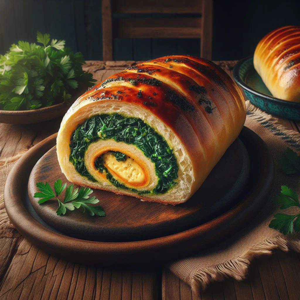 Golden baked spinach pionono rolls filled with spinach and cheese