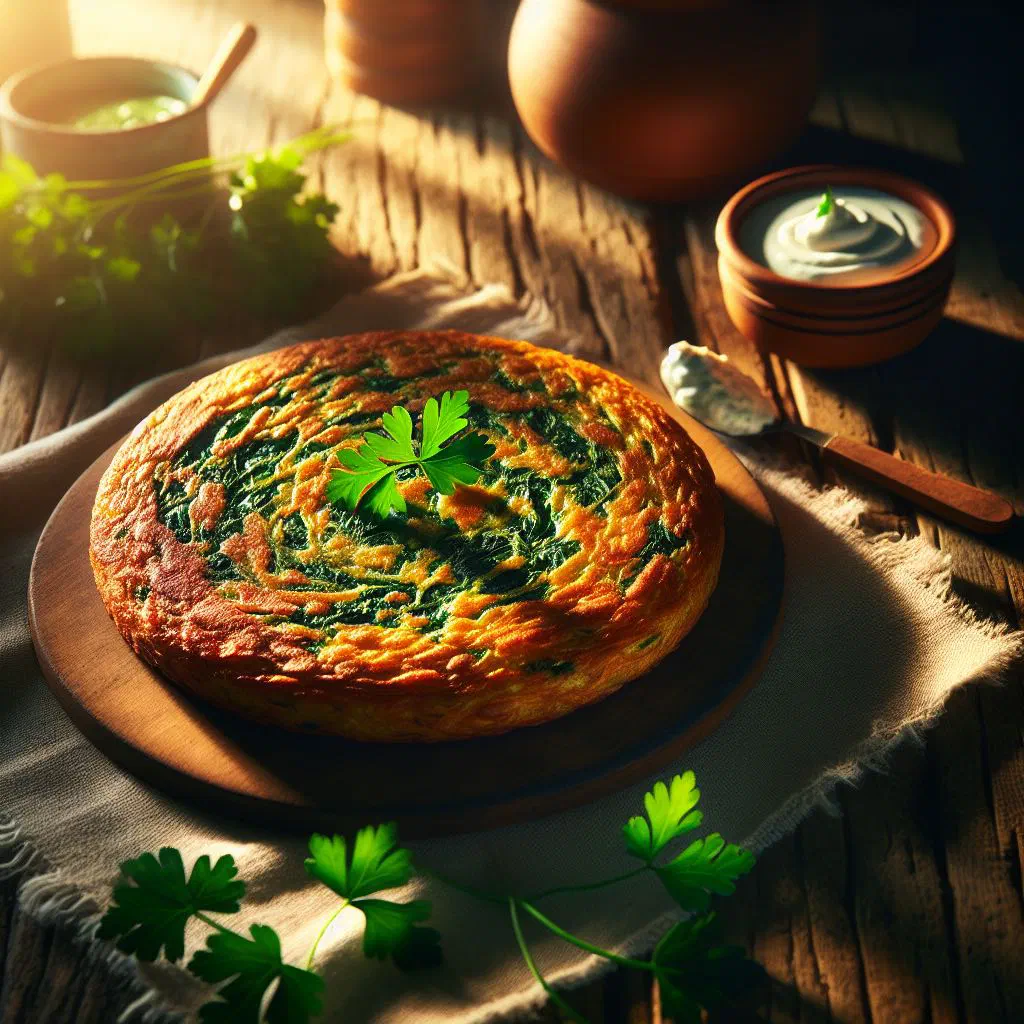 Golden spinach tortilla cut into wedges on a wooden board
