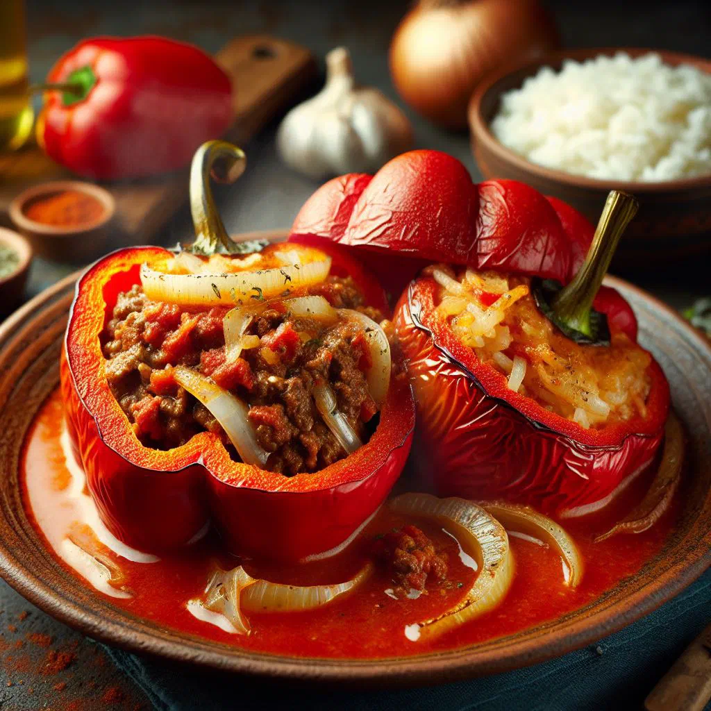 Baked stuffed peppers filled with seasoned beef and rice