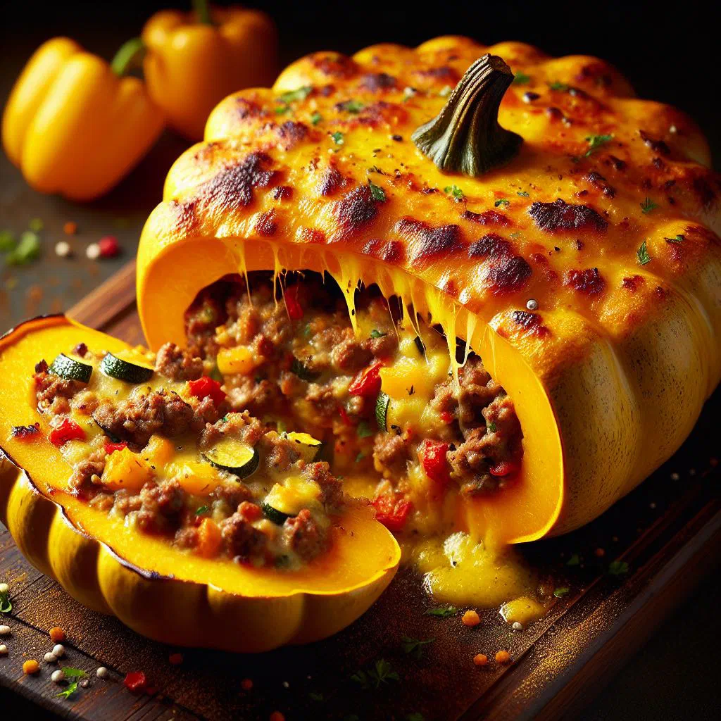 Roasted stuffed pumpkin halves filled with spiced mince and rice, garnished with fresh herbs