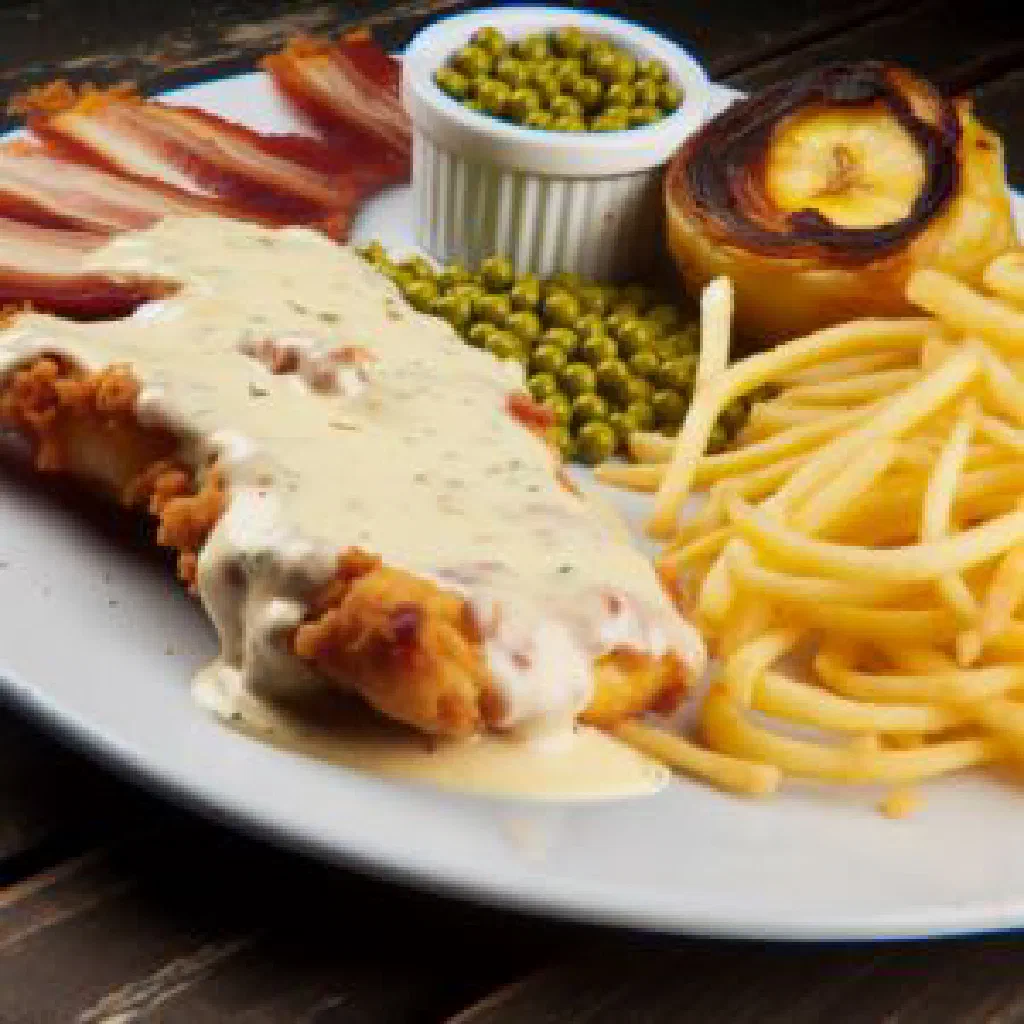 Baked chicken breast topped with creamy ham and cheese sauce, garnished with parsley