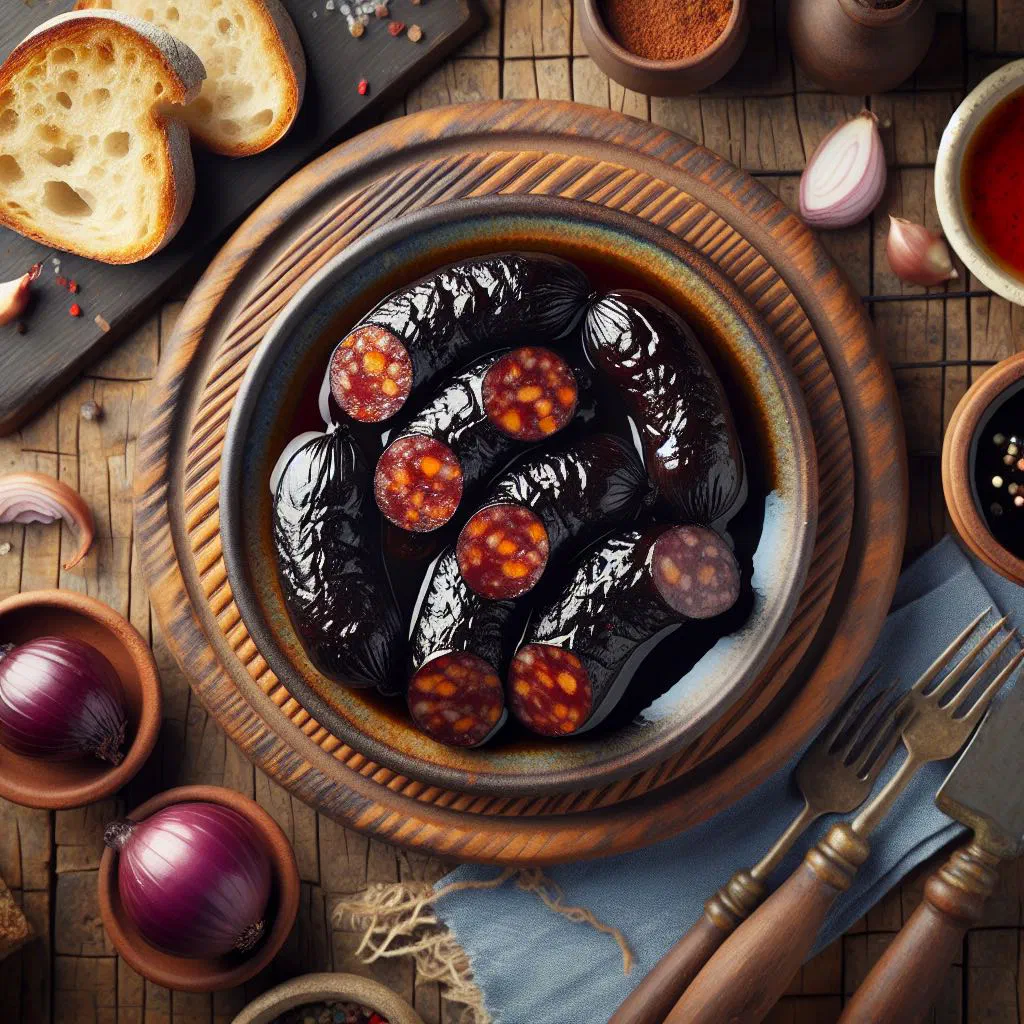 Sliced sweet blood sausage served on a rustic wooden board