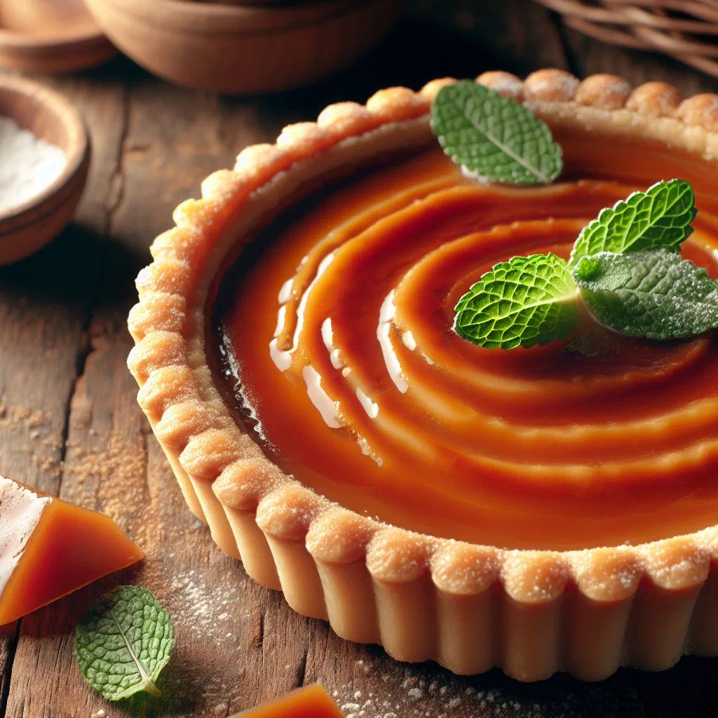 Slice of tarta de dulce de leche with golden shortcrust pastry and creamy caramel filling