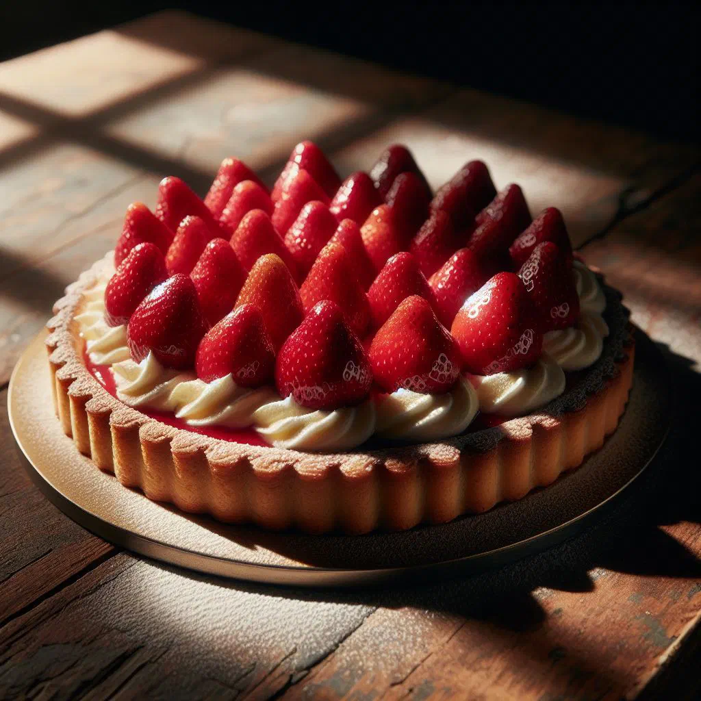Tarta de frutillas with a golden shortcrust base topped with fresh strawberries