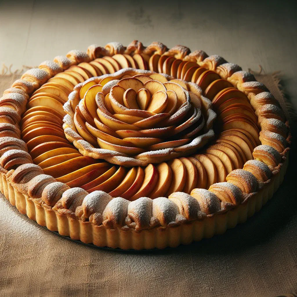 Golden Uruguayan tarta de manzana with sliced apples on a shortcrust base