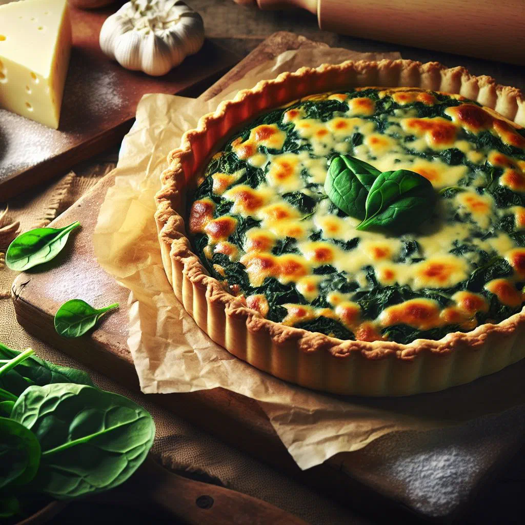 Golden baked spinach and cheese tart, sliced and ready to serve