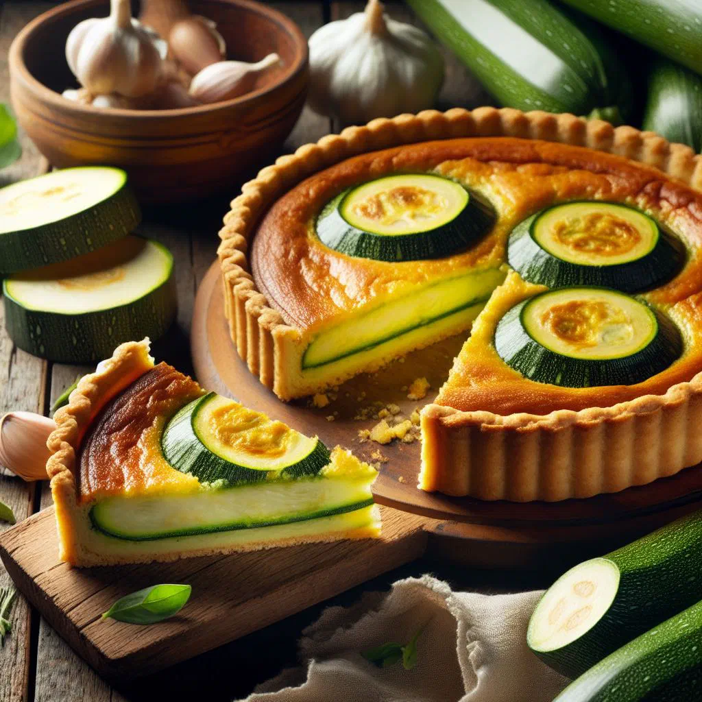 Golden Uruguayan courgette tart with cheese, sliced on a wooden board