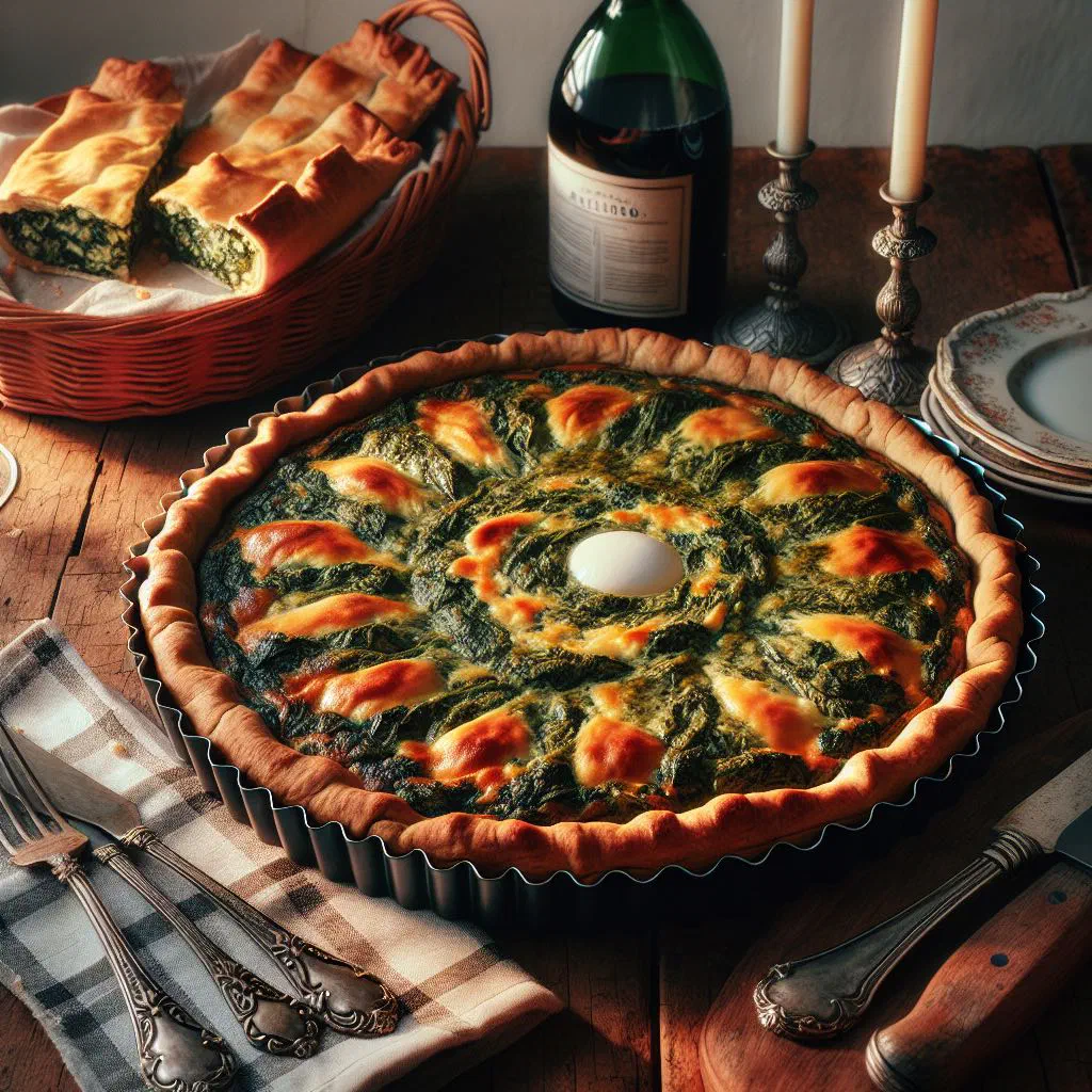 Slice of tarta pascualina showing the spinach and ricotta filling in flaky pastry