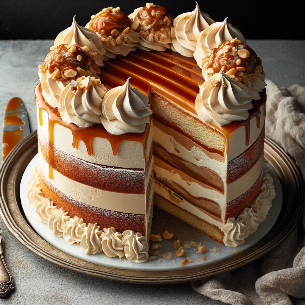 A creamy frozen dulce de leche cake sliced and served on a plate