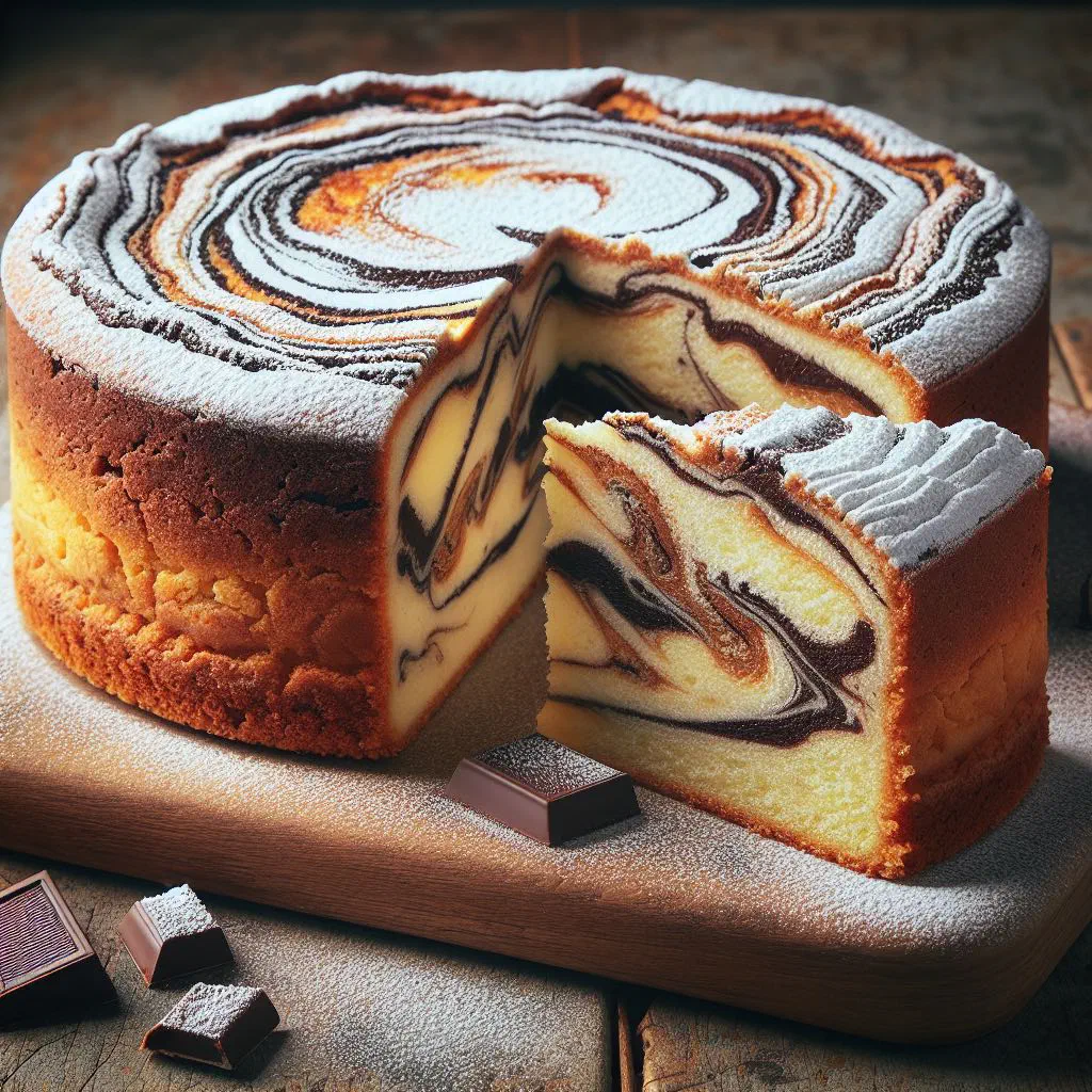 Sliced marble cake showing swirled chocolate and vanilla sponge