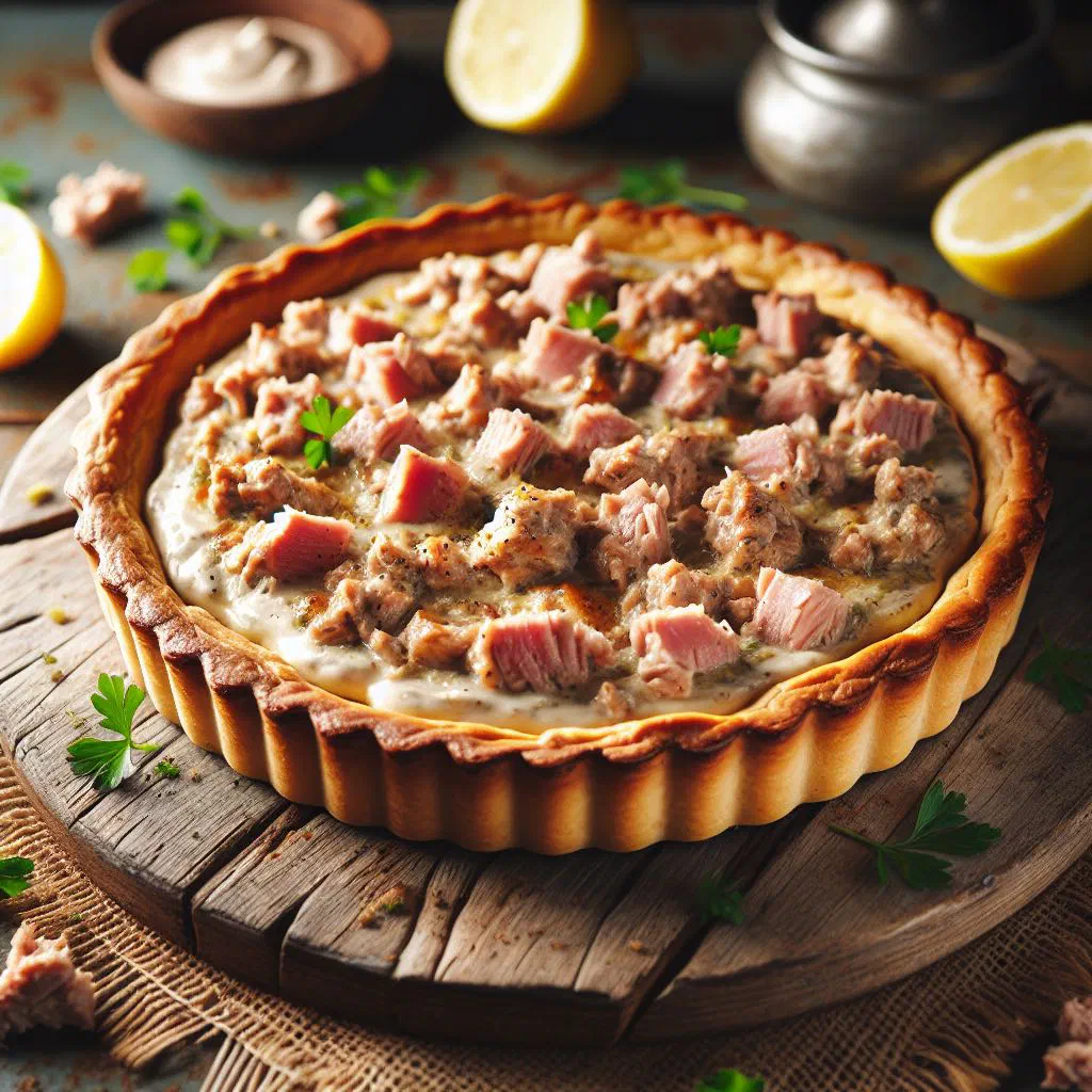 Golden tuna tart sliced into wedges on a plate