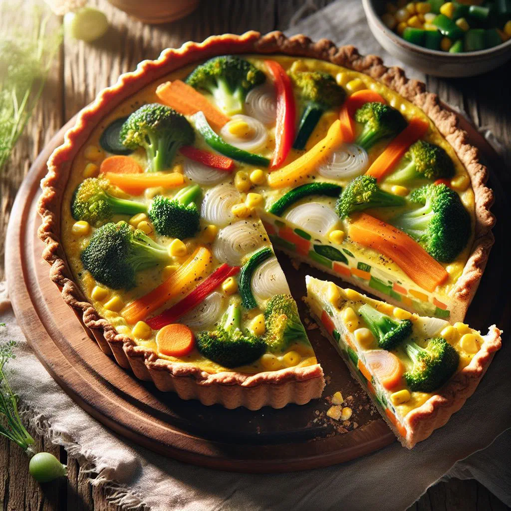 Golden vegetable quiche with a colourful filling, sliced and ready to serve