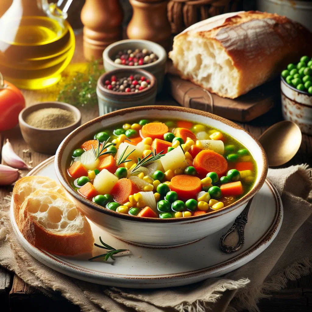 A bowl of Uruguayan vegetable soup garnished with fresh herbs